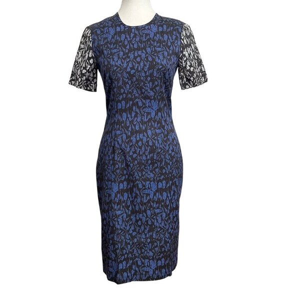 YIGAL AZROUEL BLACK BLUE WHITE ABSTRACT PATTERN SHORT SLEEVE SHEATH MIDI DRESS - Picture 1 of 12